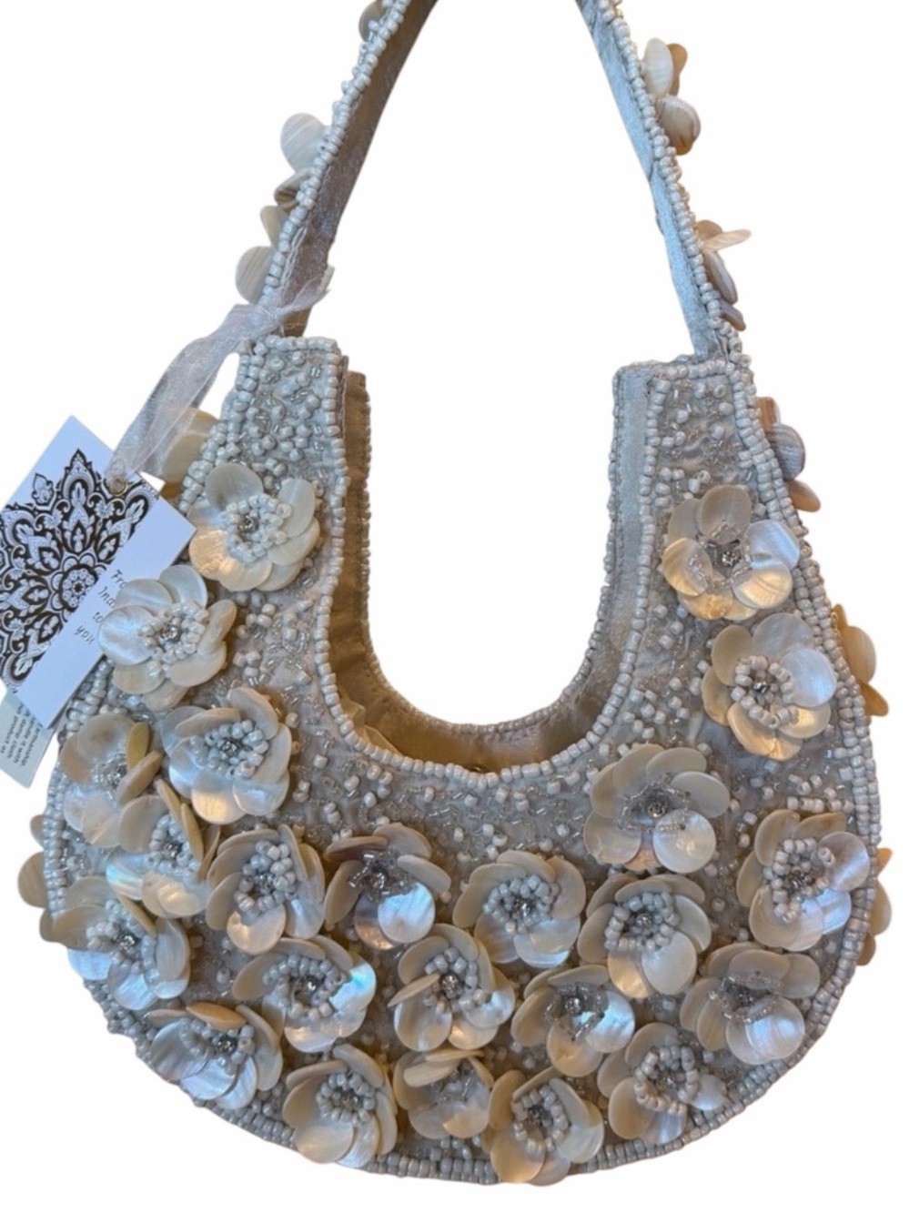 Beaded Shell Floral Shoulder Bag - with rhinestones Cream - Picture 2 of 10